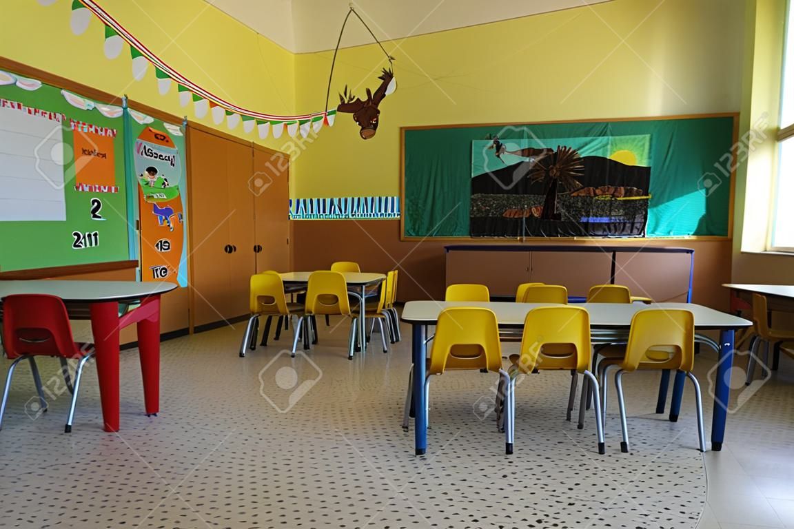 kindergarten class with yellow chairs in the morning