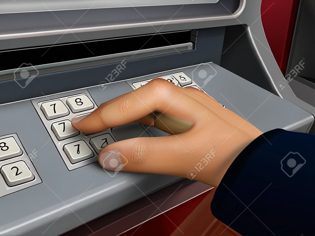 introducir el código secreto en el teclado numérico del cajero automático para retirar dinero