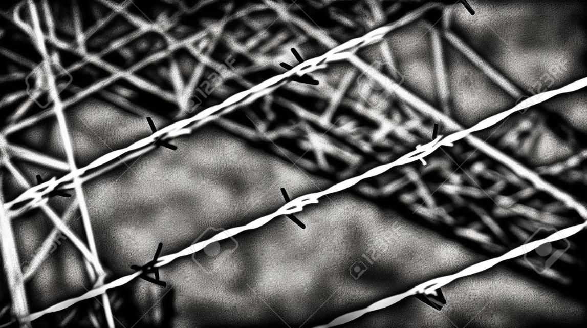 recinzione di filo spinato drammatico con effetto bianco e nero