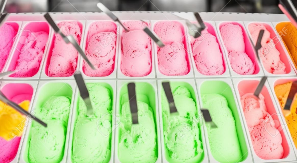 many trays of icecream in the italian ice cream shop