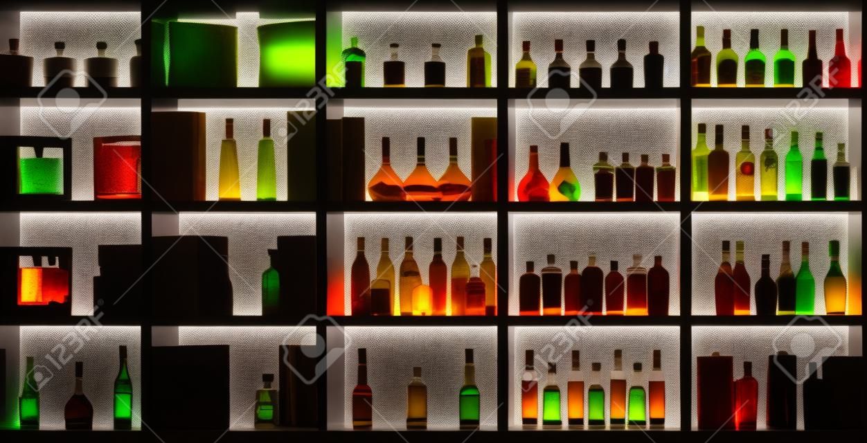 Various alcohol bottles in a bar, back light, all logos removed, toned image