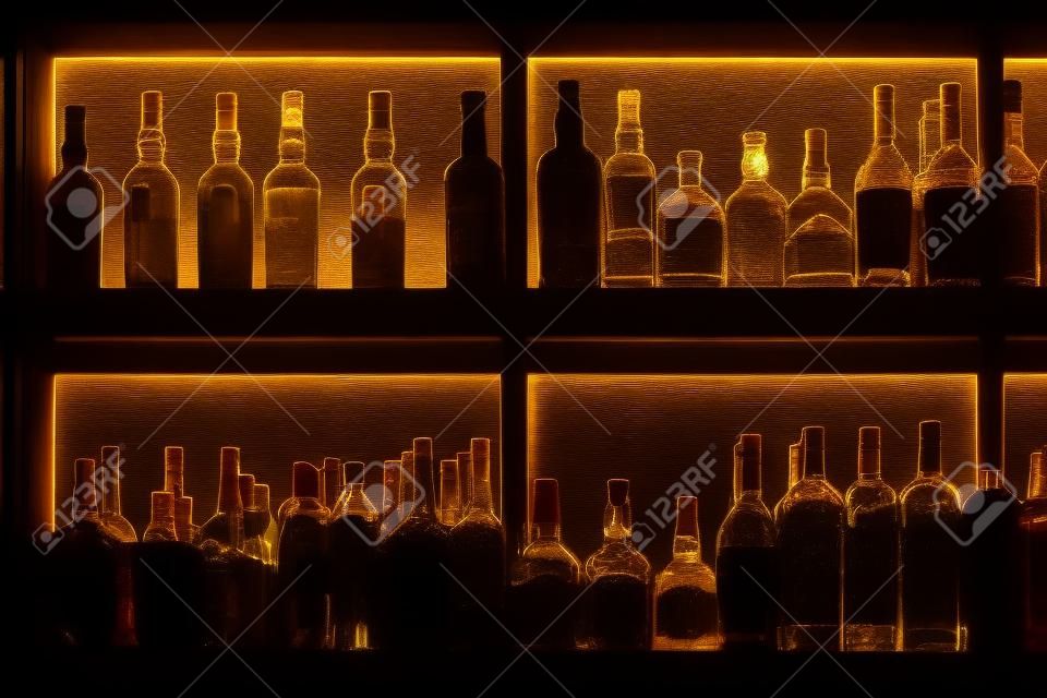 Butelki stojące na półce w barze, podświetlane od tyłu