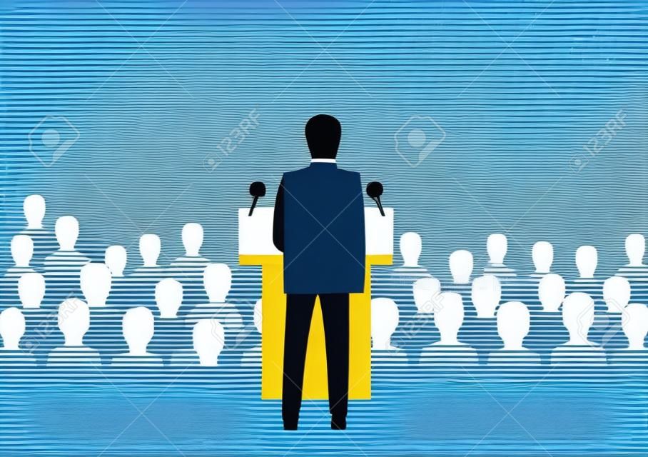 Vector illustration of a businessman or politician speaking to a large crowd of people 
