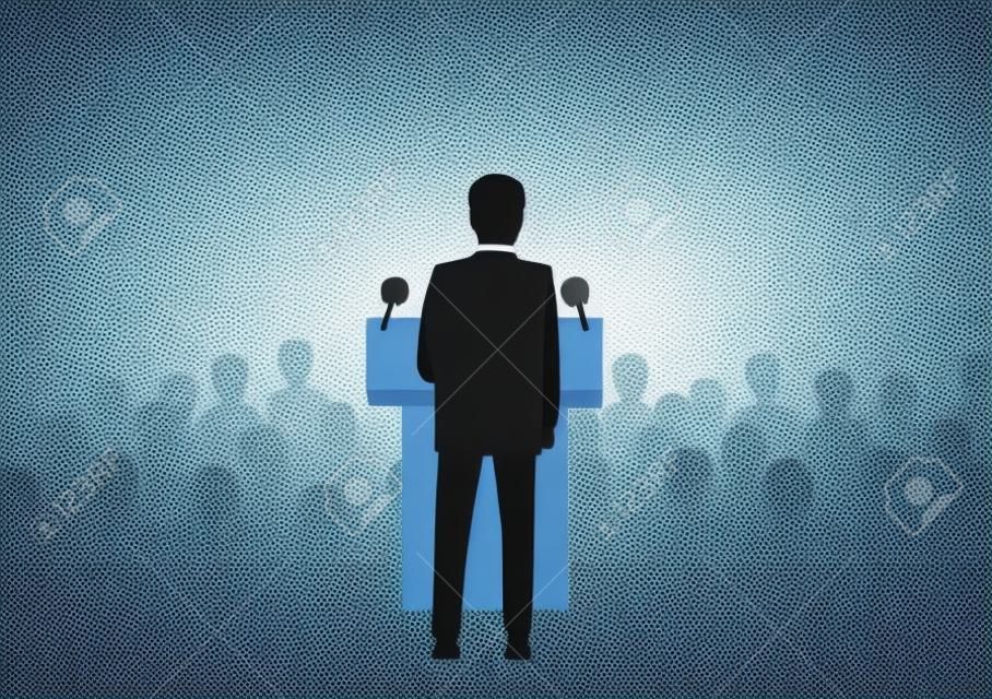 Vector illustration of a businessman or politician speaking to a large crowd of people 