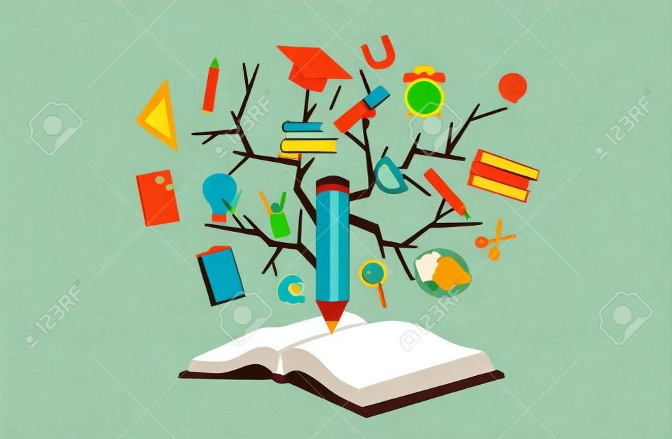 Vettore per il concetto di educazione. Albero della conoscenza e libro aperto, modello di educazione moderna.