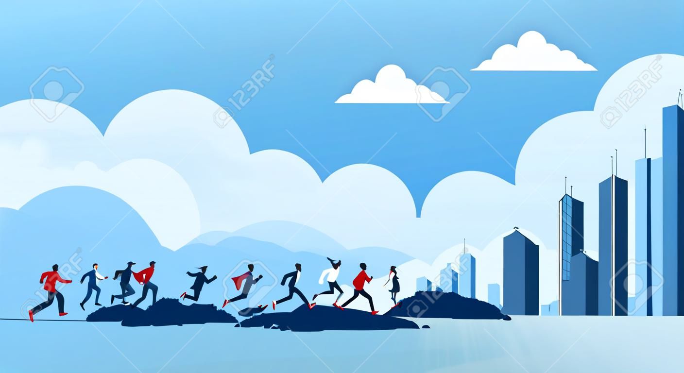Rural to urban migration concept. Vector of people running away from countryside to a big modern city