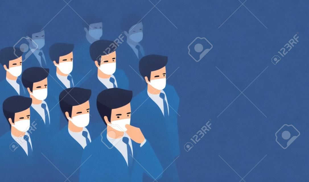 Vector of a crowd of people wearing facial masks and a whistleblower man