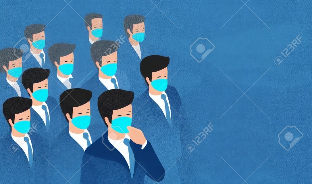 Vector of a crowd of people wearing facial masks and a whistleblower man