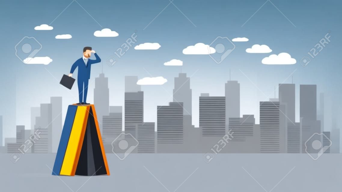 Vector of a businessman standing on a book looking into future