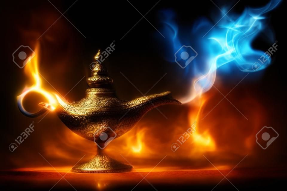 aladdin magic lamp on black with smoke