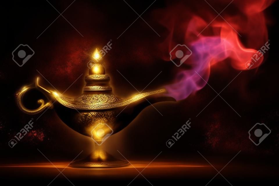aladdin lampe magique sur le noir de fumée