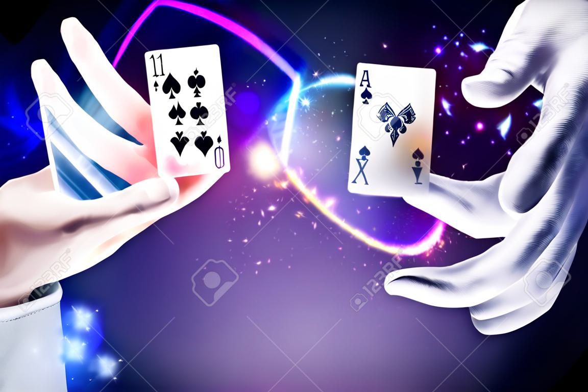 Manos del mago con las tarjetas de magia
