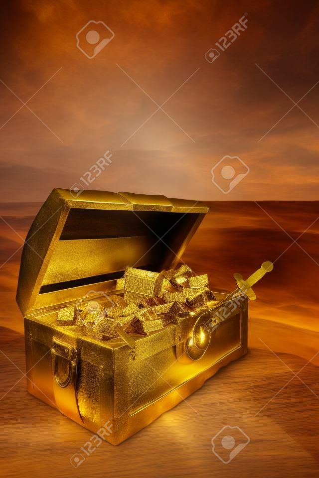 baú do tesouro aberto com ouro shinny