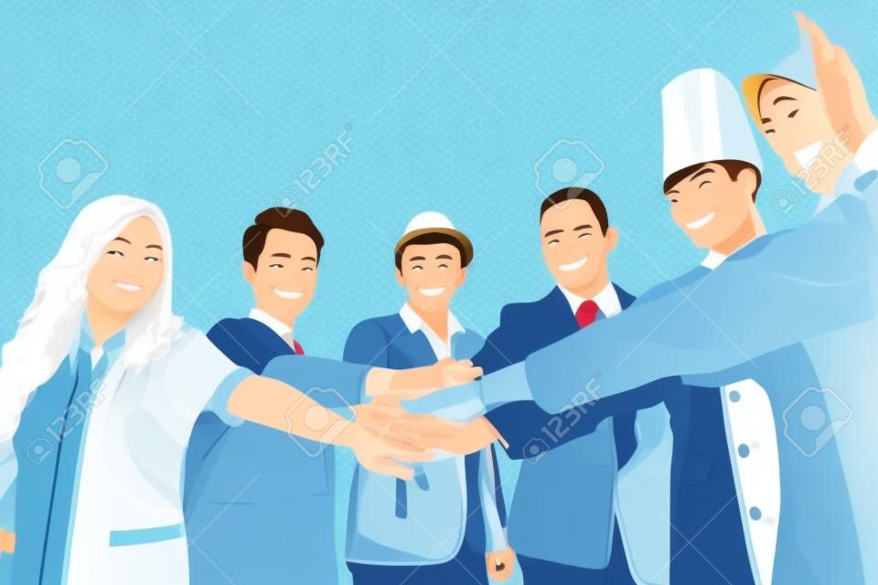 various professions people put hands together