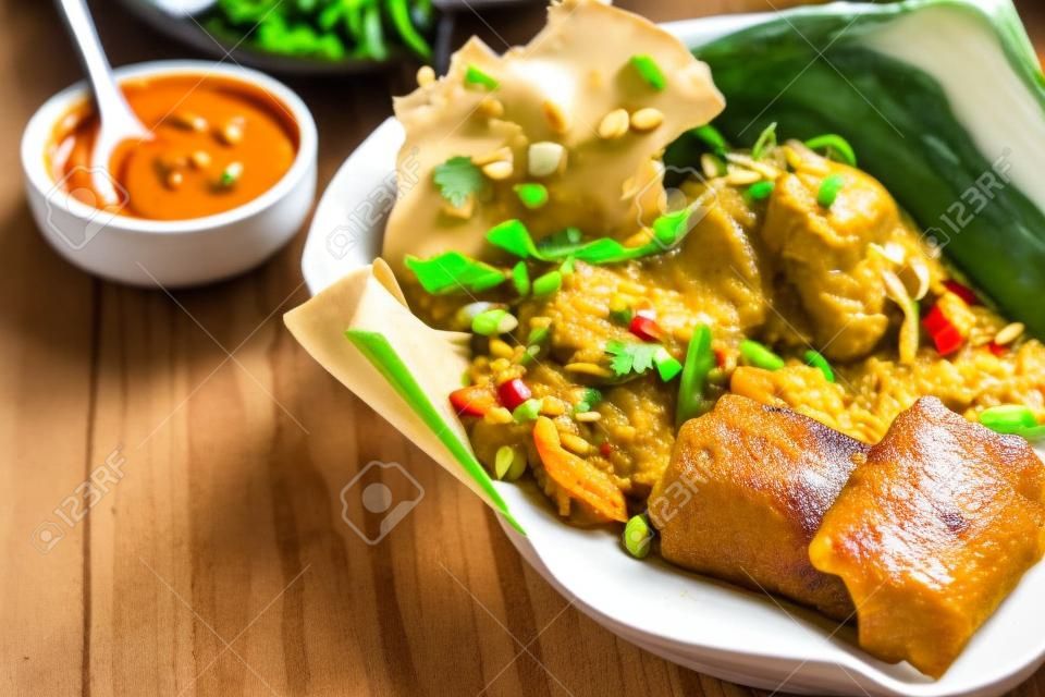 nasi pecel. овощ с арахисовым соусом. индонезийская традиционная еда