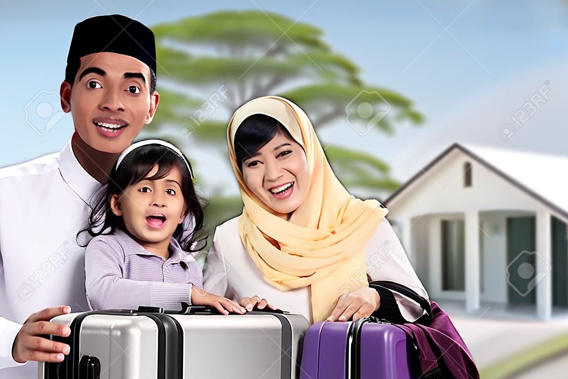 muslim family with suitcase and passport travelling