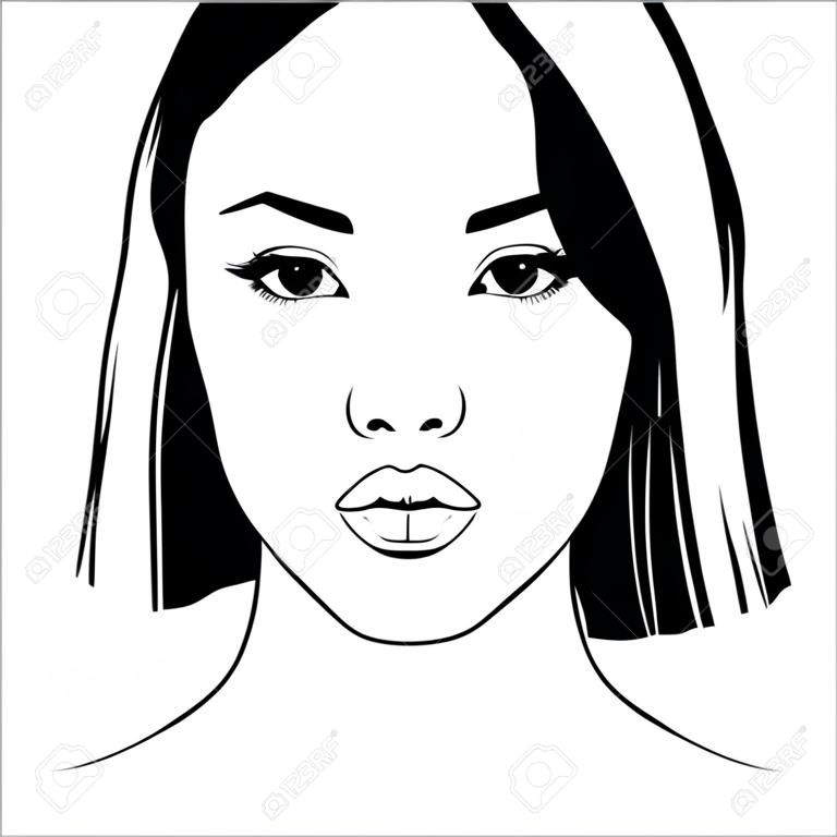 Ritratto vettoriale di bella donna asiatica in bianco e nero illustrazione di moda silhouette delicata