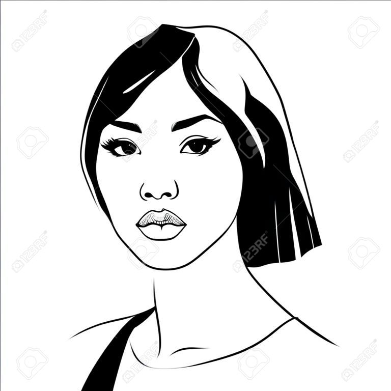 Ritratto vettoriale di bella donna asiatica in bianco e nero illustrazione di moda silhouette delicata