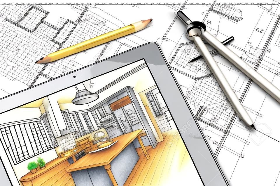 家の上に座ってキッチン図を示すコンピューターのタブレットは、コンパスと鉛筆で計画します。
