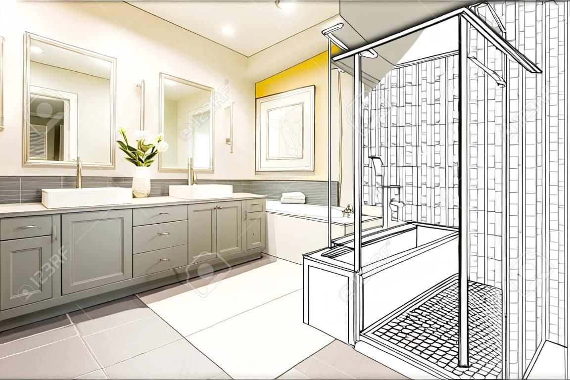 定制的主浴室设计图，带有完成照片的横截面。