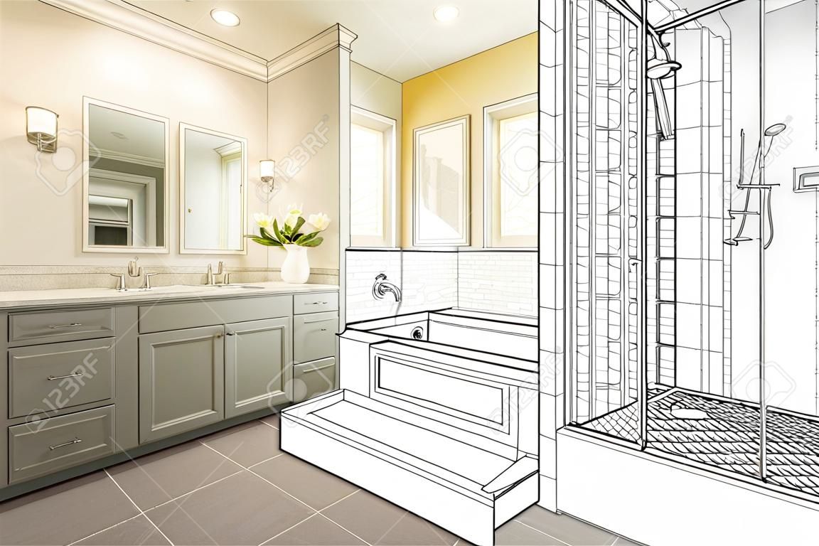 定制的主浴室设计图，带有完成照片的横截面。
