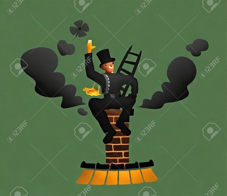 stylized illustration of chimney sweeper at work