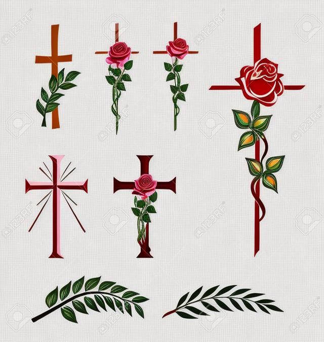 illustratie van verschillende kruisen met roos of laurier