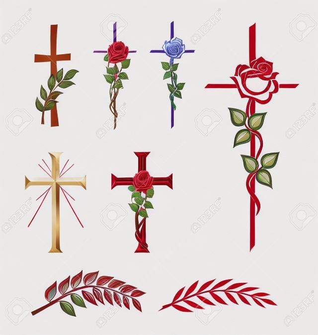 illustratie van verschillende kruisen met roos of laurier