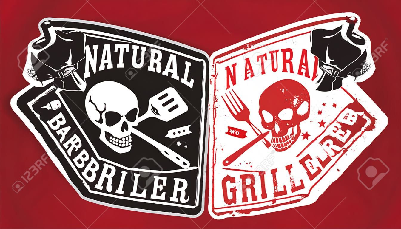 Imagem vetorial de churrasco Natural Born Griller com crânio e utensílios cruzados. Inclui versões limpas e grunge.