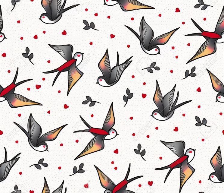 Old school tattoo vector seamless pattern with swallows, twig, heart. Valentine's Day or wedding designs. Cover for notebook or phone.