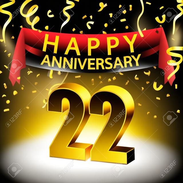 Feliz 22 aniversario celebración con confeti de oro y el centro de atención