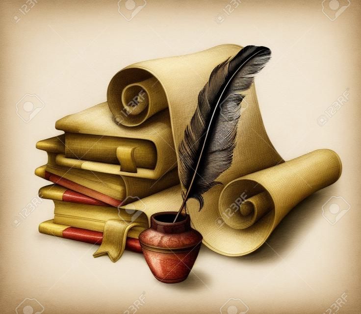 Books, papyrus with feather pen and ink pot. Isolated on white background.