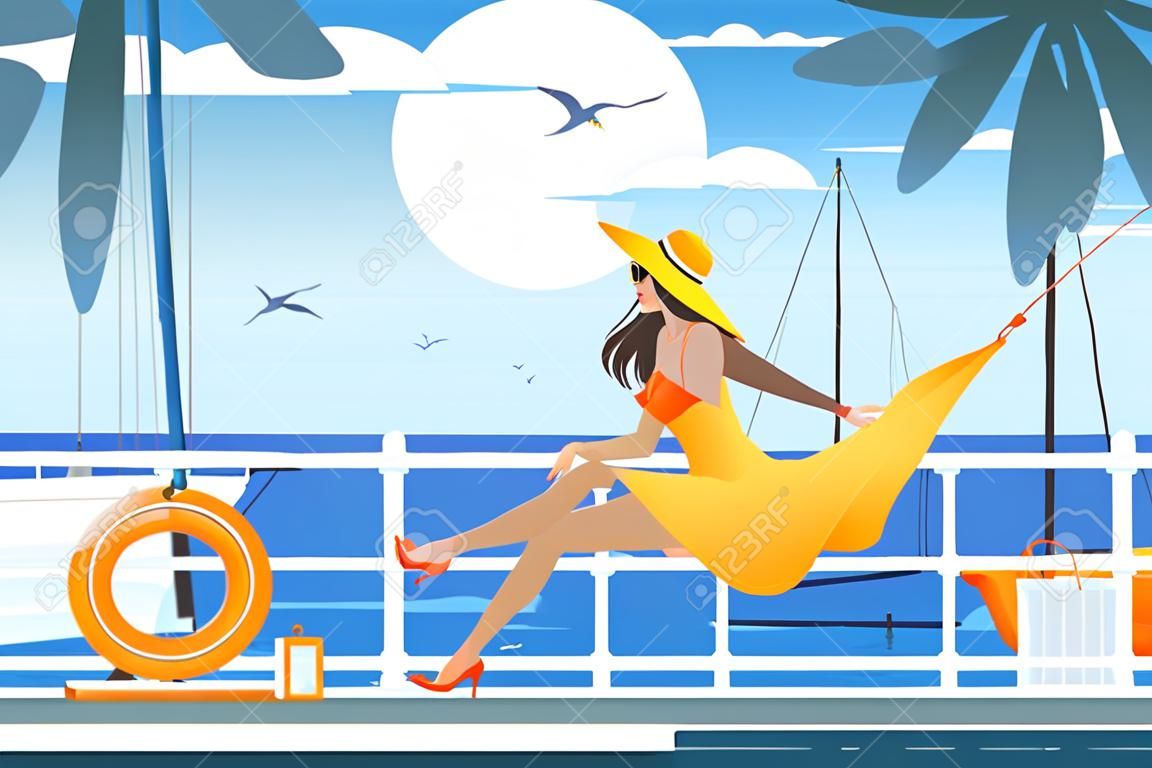 Fille plate jeune beauté sur le quai près de la mer, voilier. Concept sourire relax femme avec robe et chapeau, soleil d'été et ciel. Illustration vectorielle.