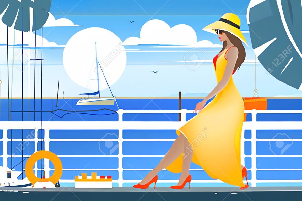 Flat young beauty girl on wharf near sea, sailboat. Concept smile relax woman with dress and hat, summer sun and sky. Vector illustration.