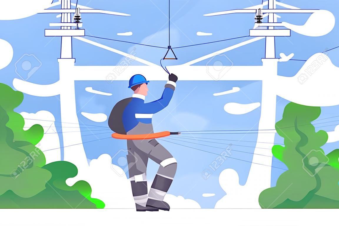 Flat young man employee with power lines repair. Concept electrician character at work, person at the height. Vector illustration.