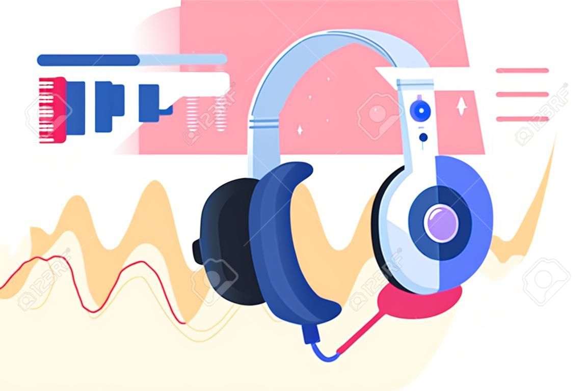 Modern technology icon of headphones on sound wave illustration backgrounds. Concept symbol device for listening music. Vector illustration.
