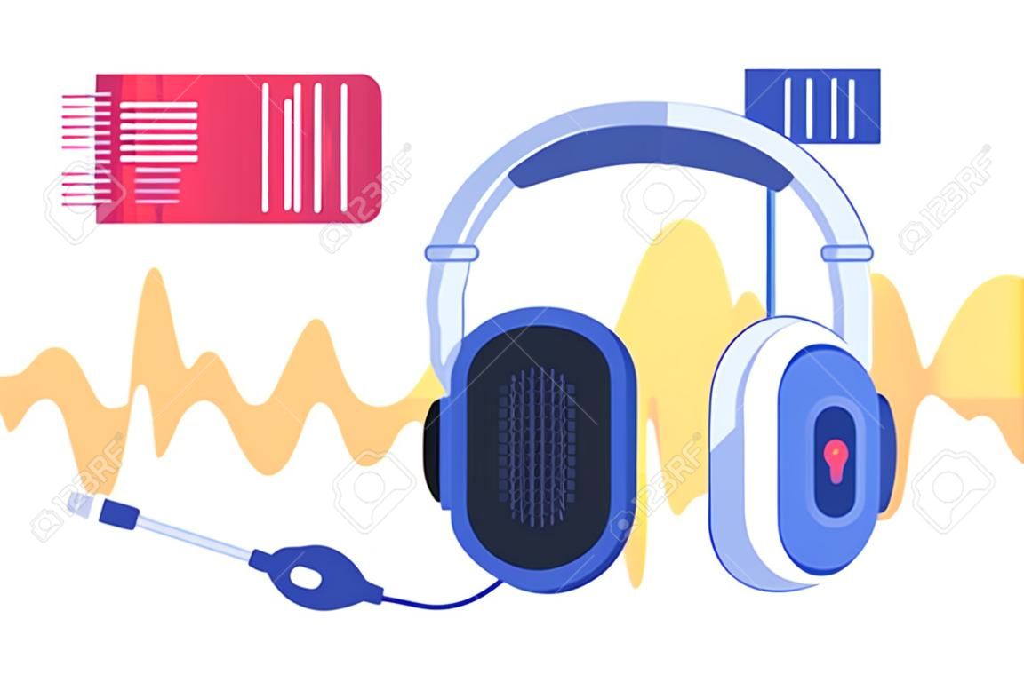 Icono de tecnología moderna de auriculares en fondos de ilustración de onda de sonido. Dispositivo de símbolo de concepto para escuchar música. ilustración vectorial