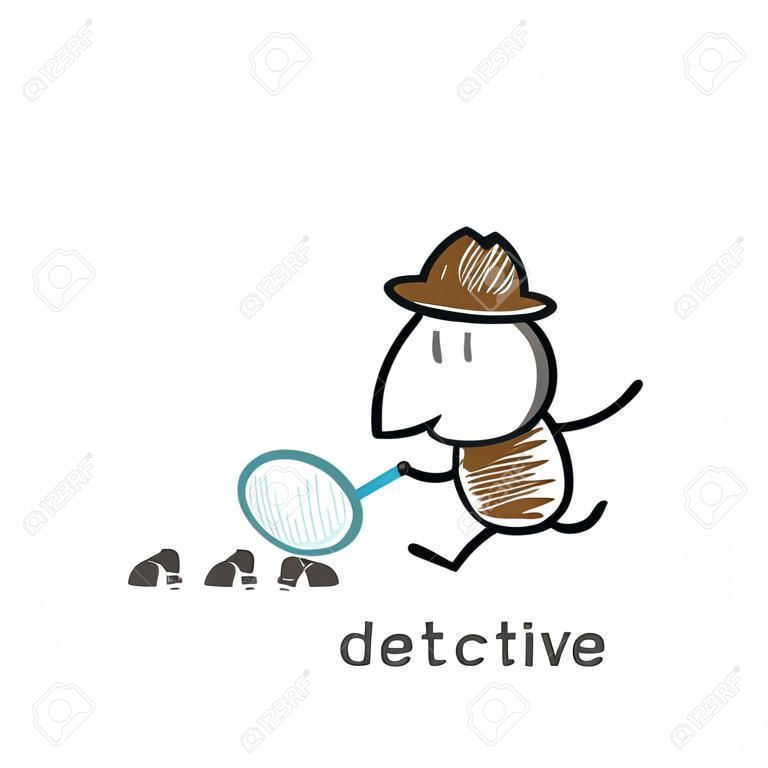 detective looking through a magnifying glass in the following illustration