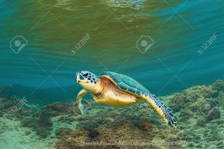 Tartaruga che nuota sotto l'acqua cristallina del mare tropicale