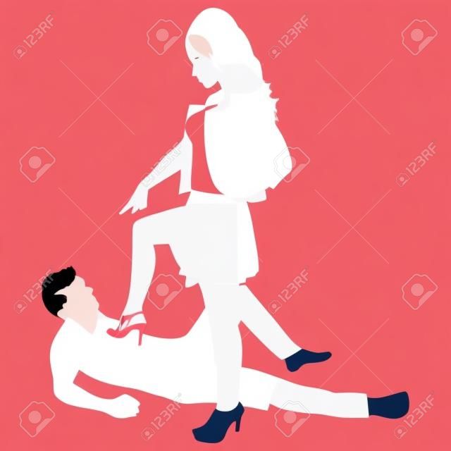 男子躺在地板上，而一个女人踩在他的胸口，矢量图