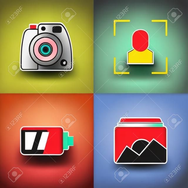 Imposta la cornice per foto pop art, la batteria per la fotocamera, la linea di messa a fuoco della fotocamera e l'icona. vettore