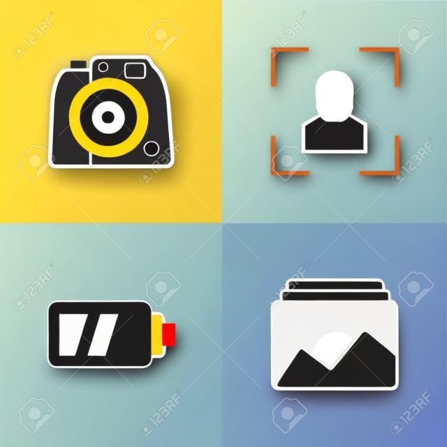Configure el marco de fotos de arte pop, la batería para la cámara, la línea de enfoque de la cámara y el icono. vector