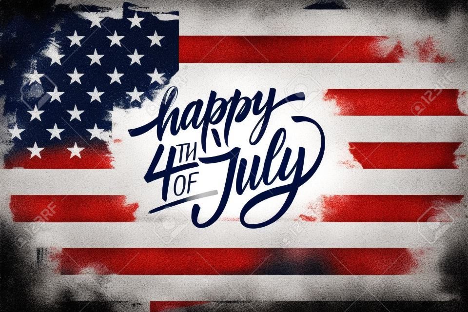 Cartolina d'auguri felice dell'Indipendenza del 4 luglio con la progettazione del testo dell'iscrizione del fondo e della mano della spazzola della bandiera americana; Illustrazione vettoriale