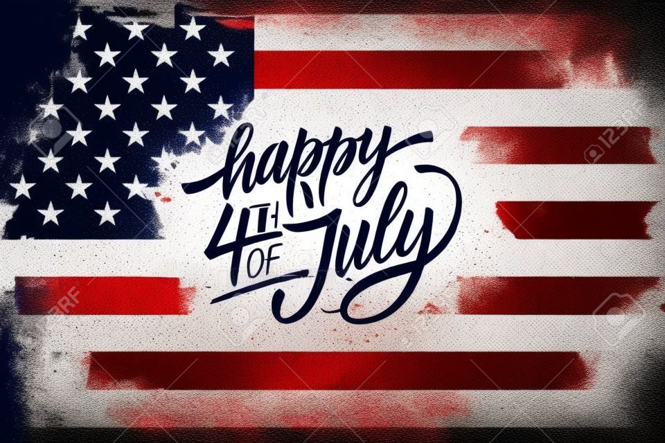 Glückliches 4. von Juli-Unabhängigkeitstaggrußkarte mit Bürstenanschlaghintergrund der amerikanischen Flagge und Handbeschriftungstextentwurf; Vektor-Illustration