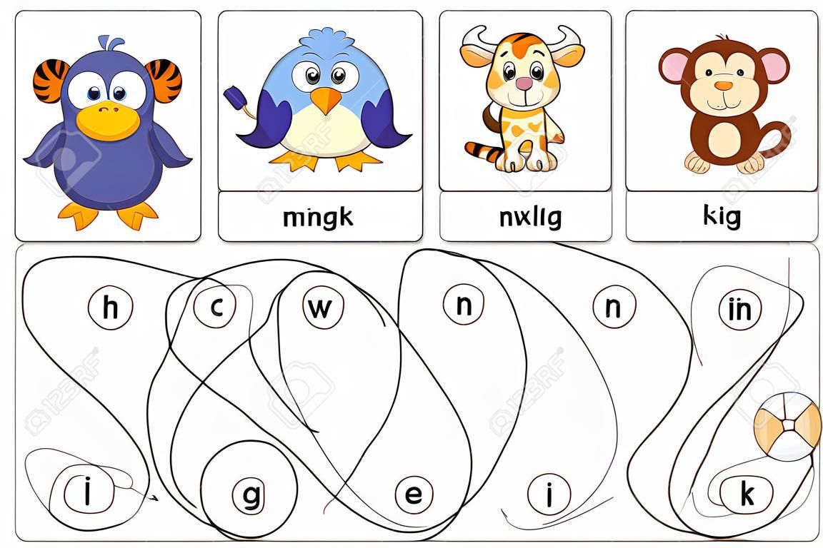Jogo de quebra-cabeça educacional para crianças. Encontre as palavras escondidas tigre, pinguim, vaca, macaco