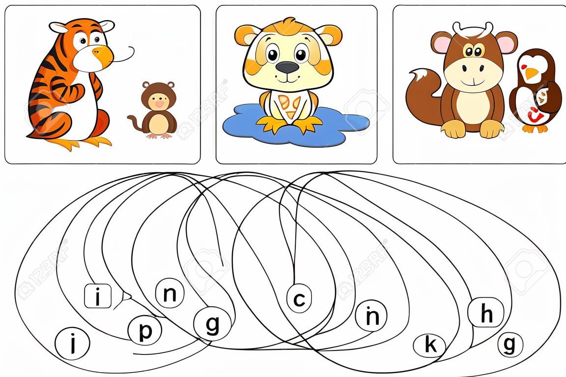 아이들을위한 교육 퍼즐 게임. 숨겨진 단어 찾기 호랑이, 펭귄, 암소, 원숭이