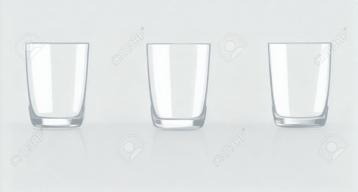 Vaso de agua con gas, medio vaso lleno y vaso vacío. Ilustración aislada en blanco