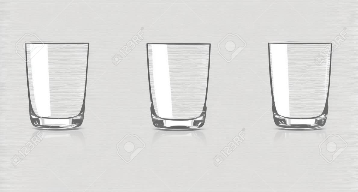 Vaso de agua con gas, medio vaso lleno y vaso vacío. Ilustración aislada en blanco