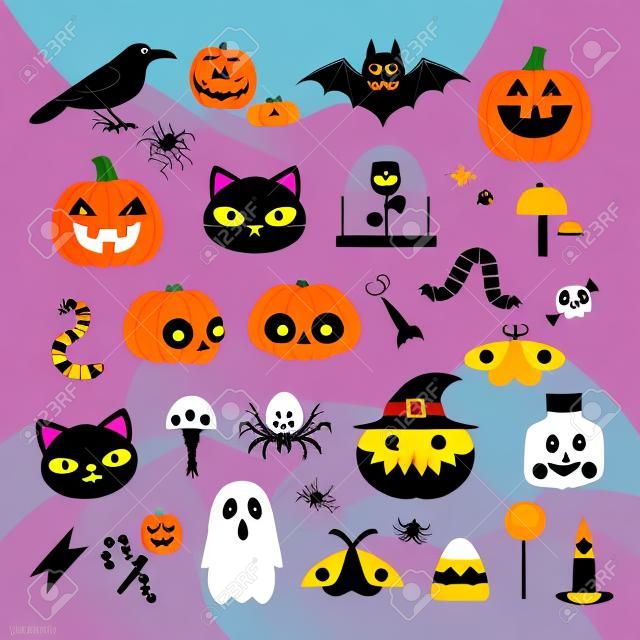 Wektorowy zestaw halloweenowych uroczych postaci i symboli, takich jak dynia, czaszka, duch, nietoperz, czarny kot, kukurydza cukrowa, pająk i wrona.