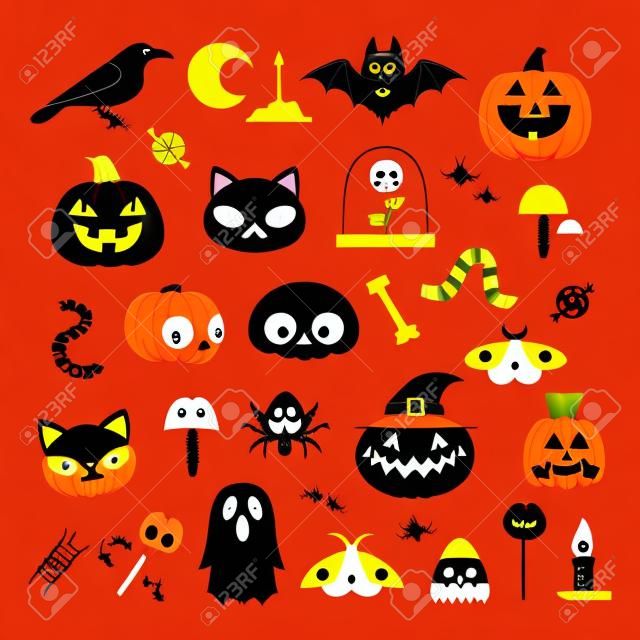 Vektor-Set von niedlichen Halloween-Figuren und Symbolen wie Kürbis, Schädel, Geist, Fledermaus, schwarze Katze, Zuckermais, Spinne und Krähe.